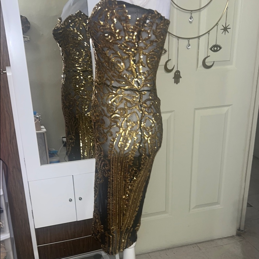 Gold Bodycon Knee-Length Strapless Sequin see through Cocktail Dress - Picture 7 of 14